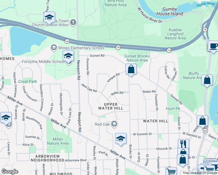 map of restaurants, bars, coffee shops, grocery stores, and more near 1131 Vesper Road in Ann Arbor