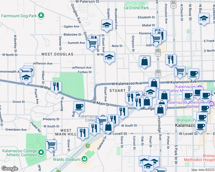 map of restaurants, bars, coffee shops, grocery stores, and more near 324 Stuart Avenue in Kalamazoo
