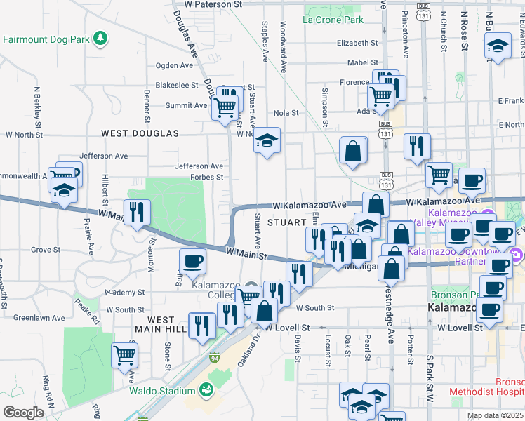 map of restaurants, bars, coffee shops, grocery stores, and more near 324 Stuart Avenue in Kalamazoo