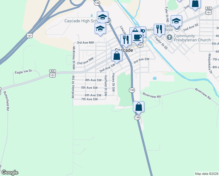 map of restaurants, bars, coffee shops, grocery stores, and more near 549 5th Street in Cascade