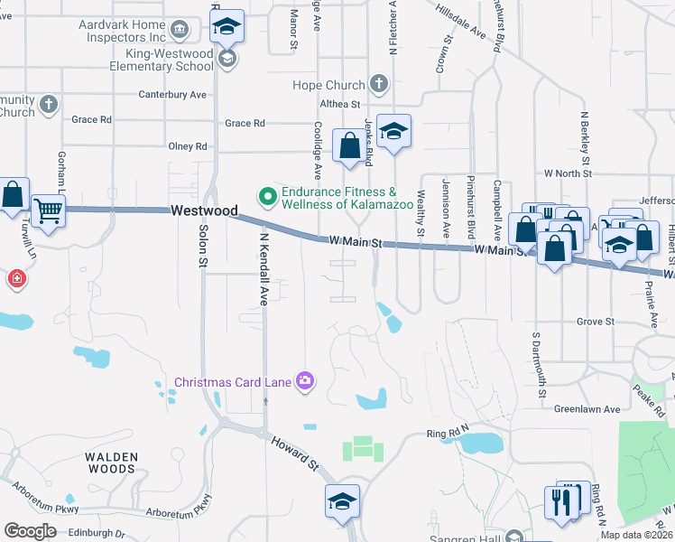 map of restaurants, bars, coffee shops, grocery stores, and more near 217 Paisley Court in Kalamazoo