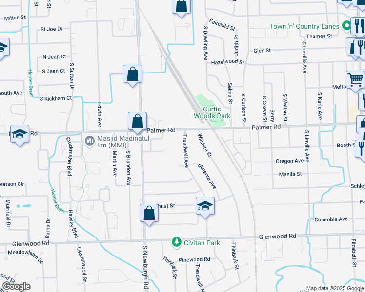 map of restaurants, bars, coffee shops, grocery stores, and more near 1868 Treadwell Avenue in Westland