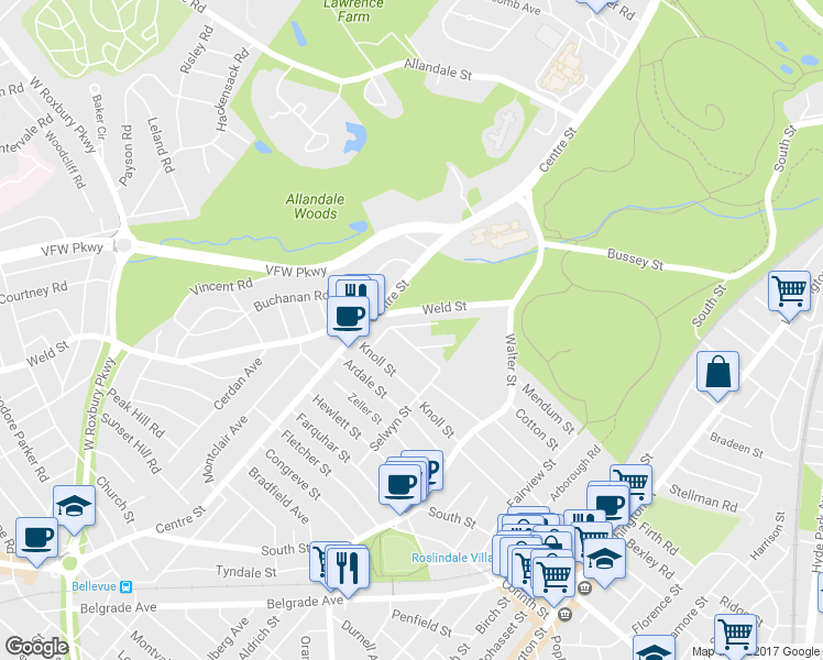map of restaurants, bars, coffee shops, grocery stores, and more near 25 Hazelmere Road in Boston