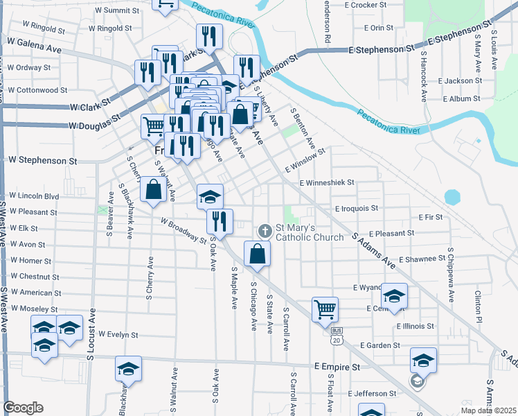 map of restaurants, bars, coffee shops, grocery stores, and more near 7 East Iroquois Street in Freeport