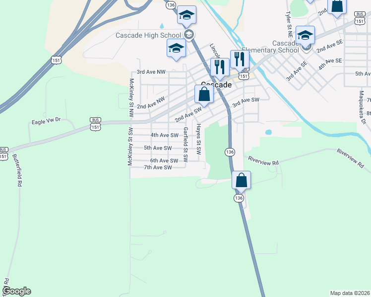 map of restaurants, bars, coffee shops, grocery stores, and more near 601 5th Avenue Southwest in Cascade