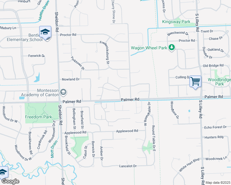 map of restaurants, bars, coffee shops, grocery stores, and more near 43665 Yorkville Court in Canton