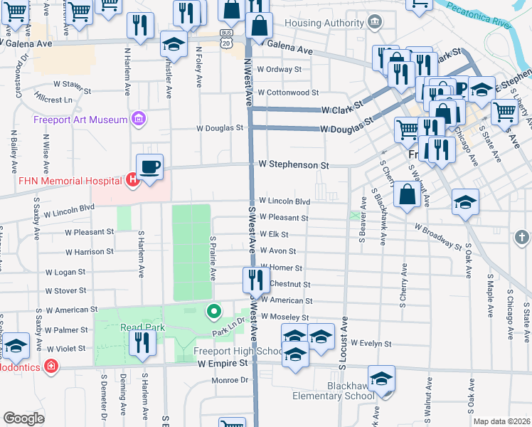 map of restaurants, bars, coffee shops, grocery stores, and more near 762 West Pleasant Street in Freeport