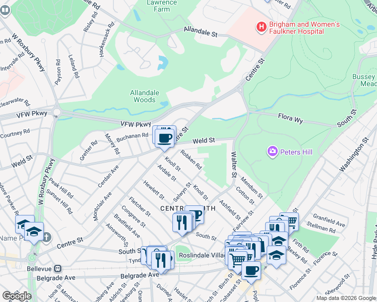map of restaurants, bars, coffee shops, grocery stores, and more near 25 Hazelmere Road in Boston