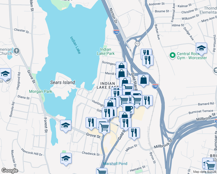 map of restaurants, bars, coffee shops, grocery stores, and more near 8 Hastings Avenue in Worcester