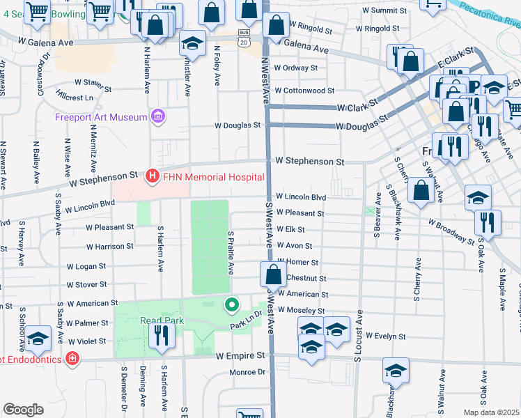 map of restaurants, bars, coffee shops, grocery stores, and more near 812 West Pleasant Street in Freeport