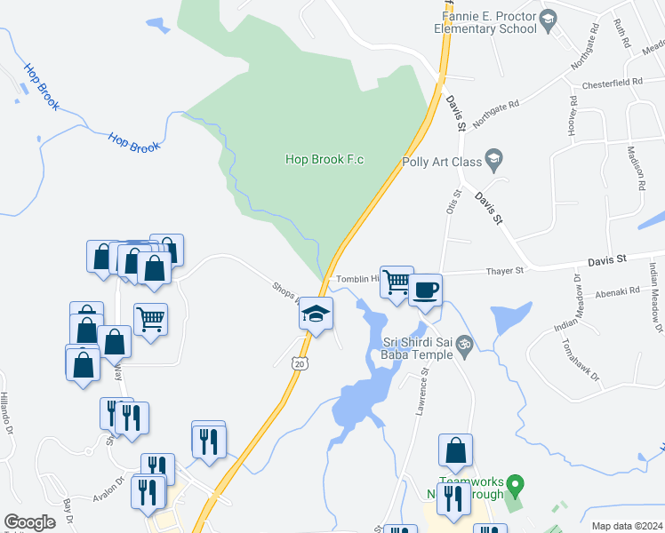 map of restaurants, bars, coffee shops, grocery stores, and more near 193 Southwest Cutoff in Northborough
