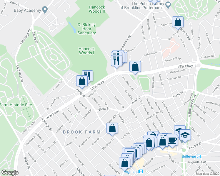 map of restaurants, bars, coffee shops, grocery stores, and more near 85 Westover Street in Boston