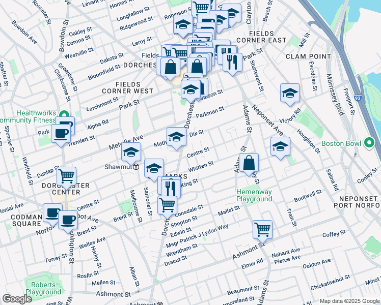 map of restaurants, bars, coffee shops, grocery stores, and more near 2 Elm Lawn Street in Boston