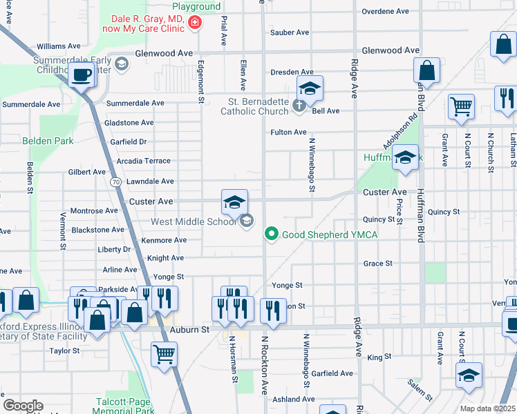 map of restaurants, bars, coffee shops, grocery stores, and more near 1924 North Rockton Avenue in Rockford