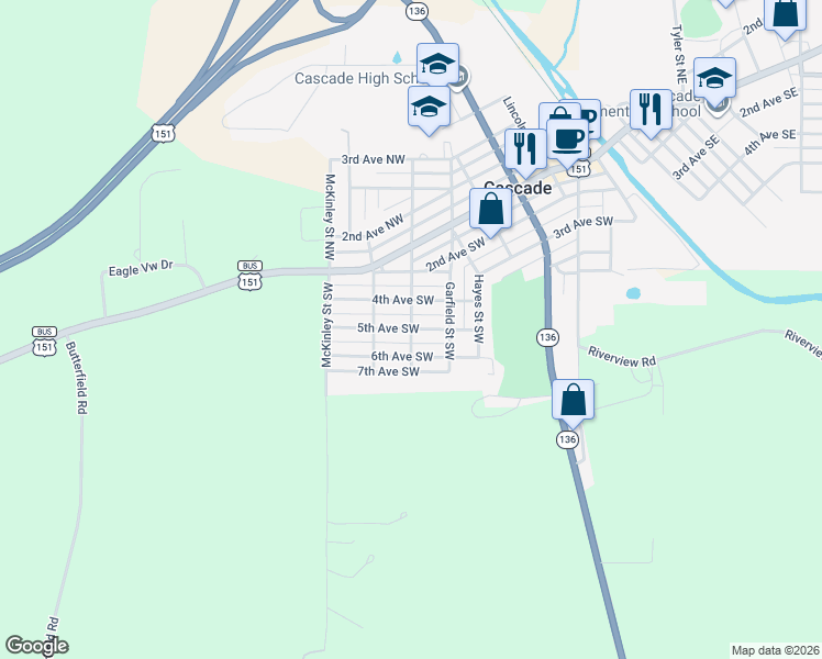 map of restaurants, bars, coffee shops, grocery stores, and more near 701 5th Avenue Southwest in Cascade