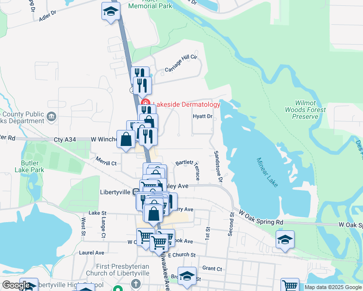 map of restaurants, bars, coffee shops, grocery stores, and more near 228 East Ellis Avenue in Libertyville