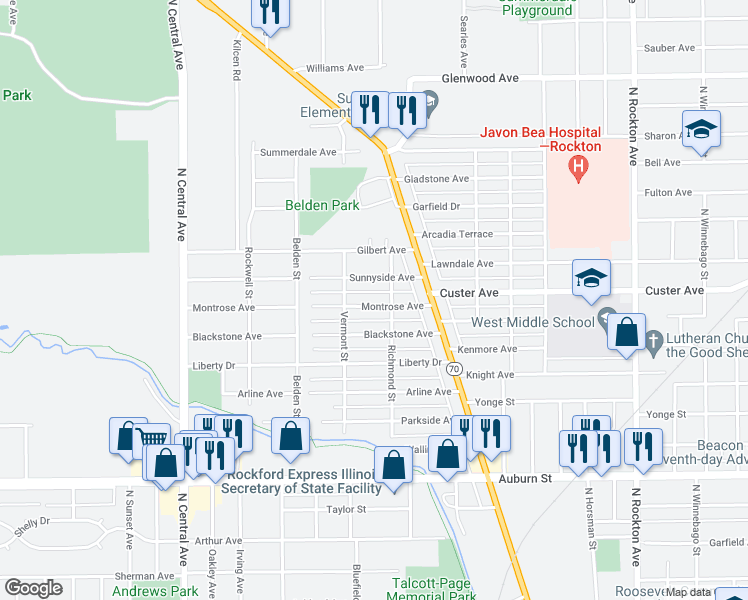 map of restaurants, bars, coffee shops, grocery stores, and more near 3215 Montrose Avenue in Rockford