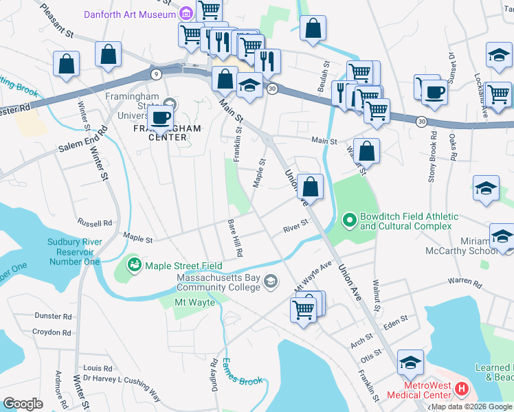 map of restaurants, bars, coffee shops, grocery stores, and more near 583 Franklin Street in Framingham