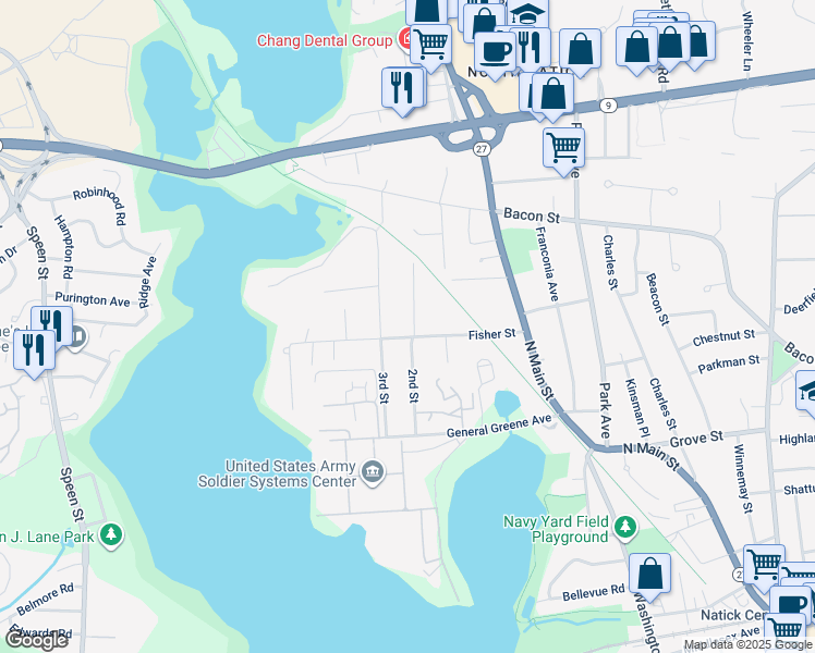 map of restaurants, bars, coffee shops, grocery stores, and more near 32 2nd Street in Natick