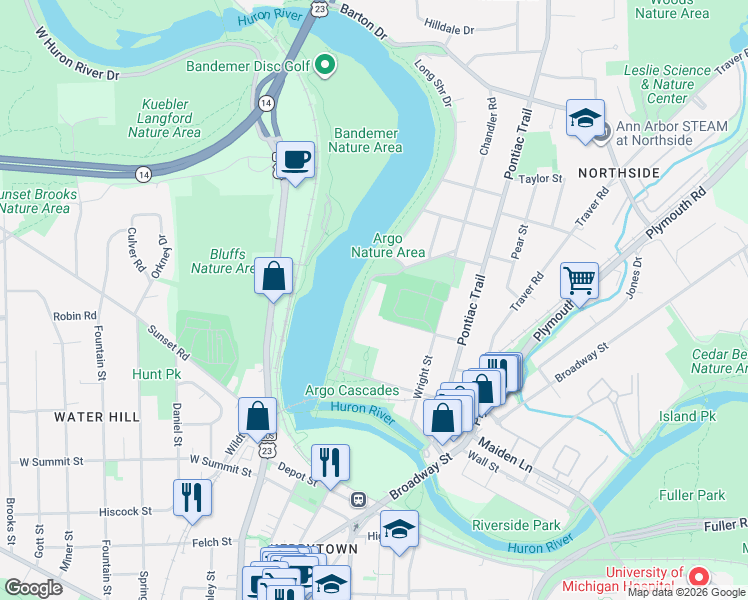 map of restaurants, bars, coffee shops, grocery stores, and more near 353 Kellogg Street in Ann Arbor