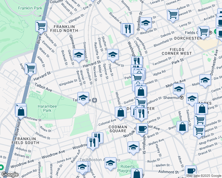 map of restaurants, bars, coffee shops, grocery stores, and more near 88 Spencer Street in Boston