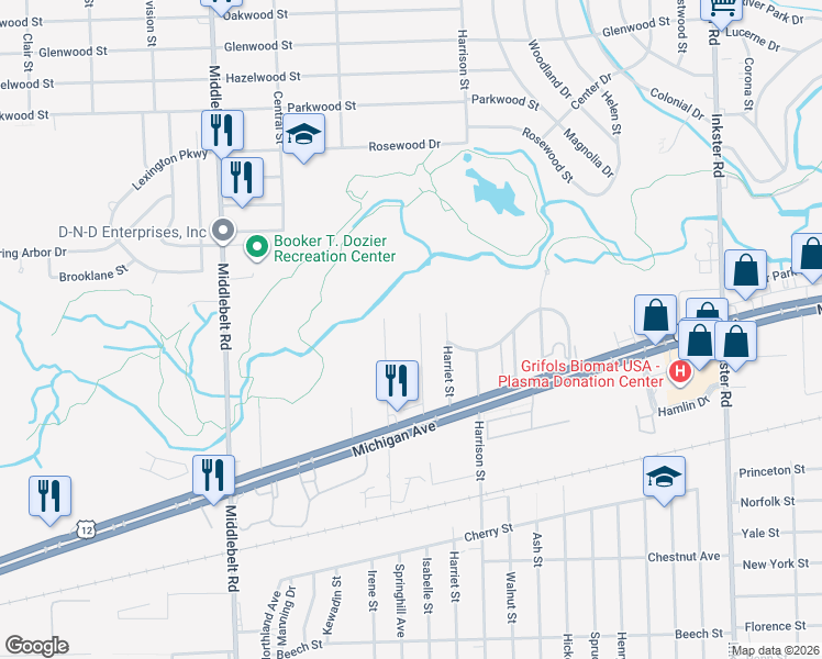 map of restaurants, bars, coffee shops, grocery stores, and more near 2160 Isabelle Street in Inkster