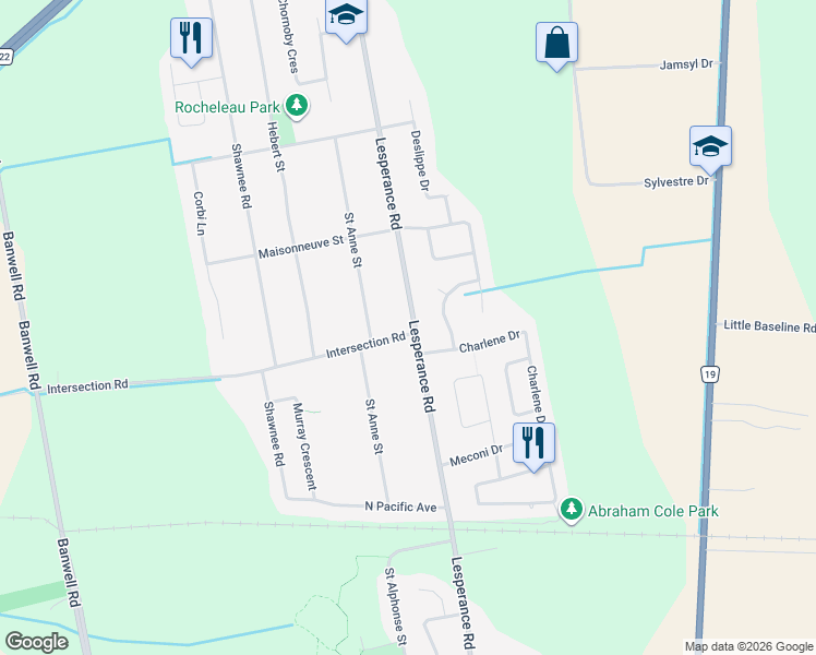 map of restaurants, bars, coffee shops, grocery stores, and more near 12234 Intersection Road in Windsor