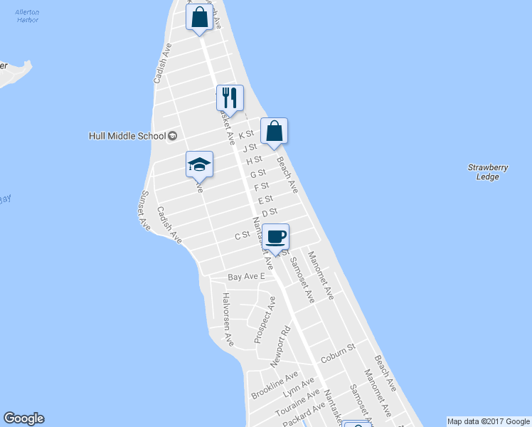 map of restaurants, bars, coffee shops, grocery stores, and more near 58 D Street in Hull
