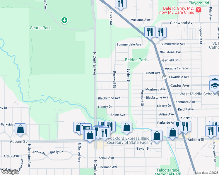 map of restaurants, bars, coffee shops, grocery stores, and more near 3501 Montrose Avenue in Rockford