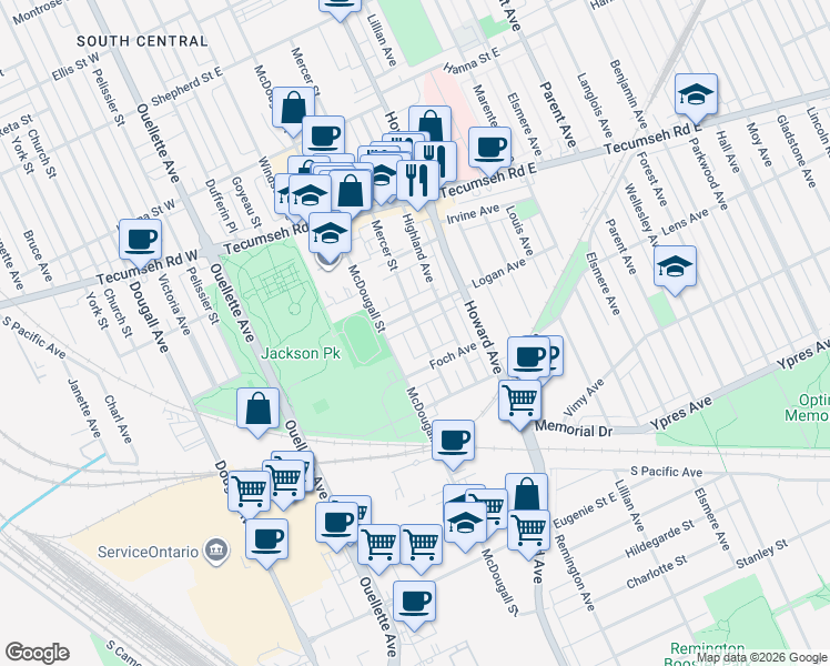 map of restaurants, bars, coffee shops, grocery stores, and more near 2335 Mercer Street in Windsor