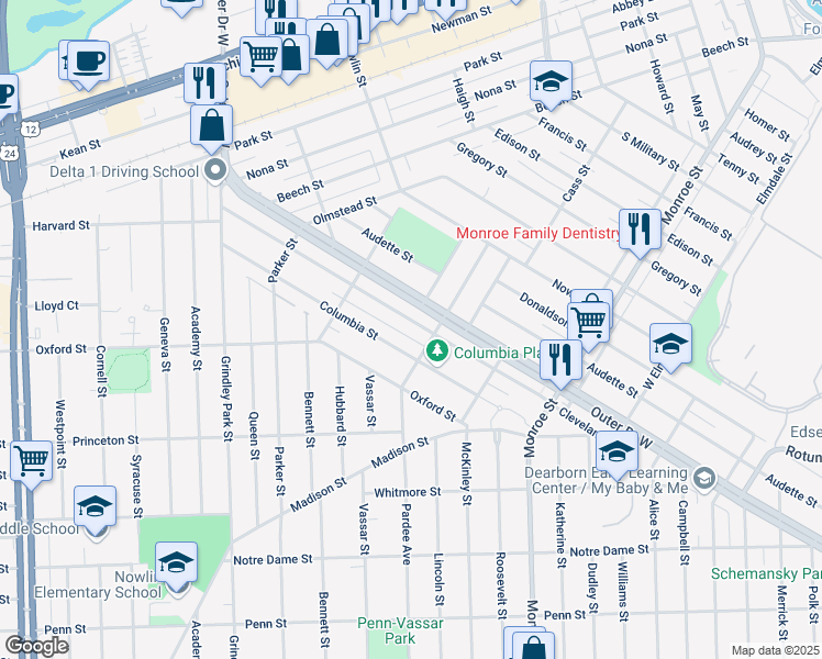 map of restaurants, bars, coffee shops, grocery stores, and more near 22443 Cleveland Street in Dearborn