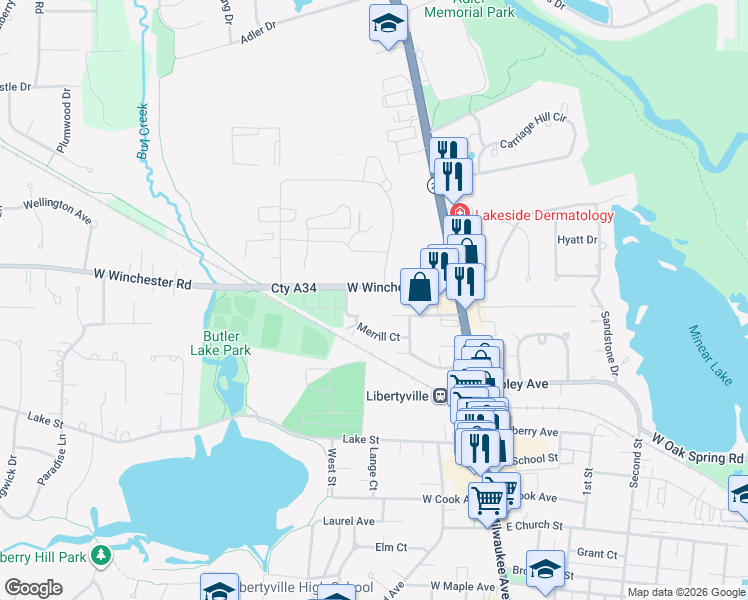 map of restaurants, bars, coffee shops, grocery stores, and more near 375 West Winchester Road in Libertyville