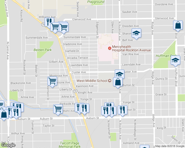 map of restaurants, bars, coffee shops, grocery stores, and more near 2820 Custer Avenue in Rockford