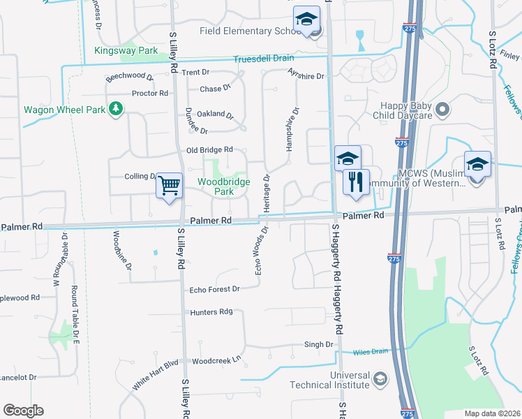 map of restaurants, bars, coffee shops, grocery stores, and more near 1670 Heritage Drive in Canton