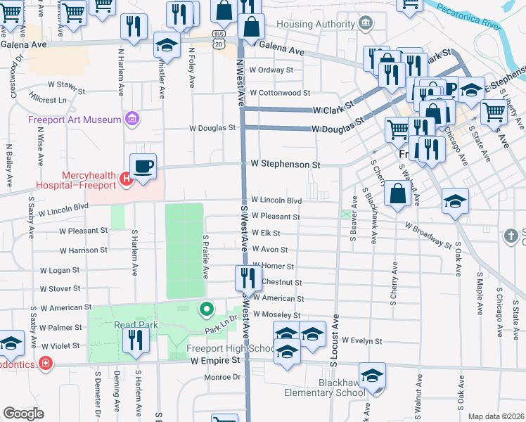 map of restaurants, bars, coffee shops, grocery stores, and more near 762 West Pleasant Street in Freeport