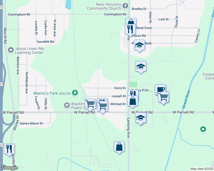 map of restaurants, bars, coffee shops, grocery stores, and more near 1322 Gerry Drive in Jackson