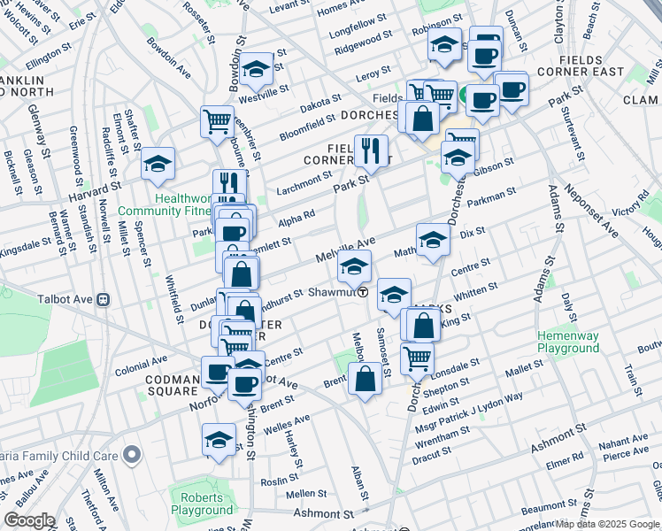 map of restaurants, bars, coffee shops, grocery stores, and more near 39 Allston Street in Boston