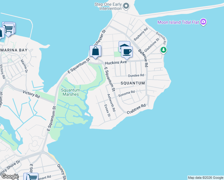 map of restaurants, bars, coffee shops, grocery stores, and more near 870 East Squantum Street in Quincy
