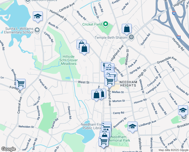 map of restaurants, bars, coffee shops, grocery stores, and more near 26 Crescent Road in Needham