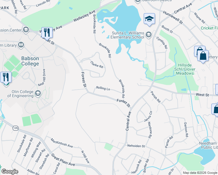 map of restaurants, bars, coffee shops, grocery stores, and more near 41 Rolling Lane in Needham
