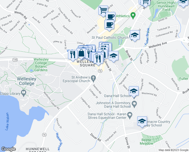 map of restaurants, bars, coffee shops, grocery stores, and more near 16 Abbott Street in Wellesley