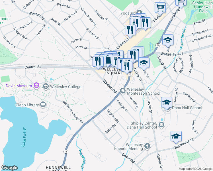 map of restaurants, bars, coffee shops, grocery stores, and more near 34 Weston Road in Wellesley