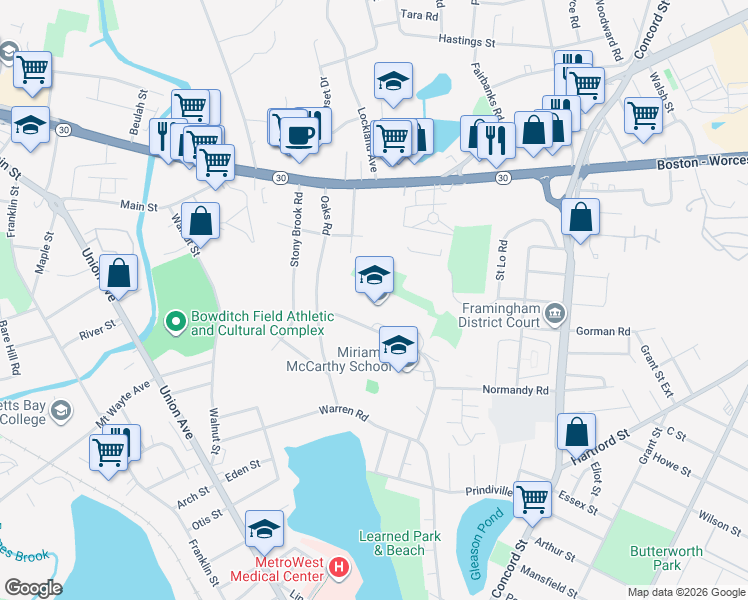 map of restaurants, bars, coffee shops, grocery stores, and more near 31 Flagg Drive in Framingham