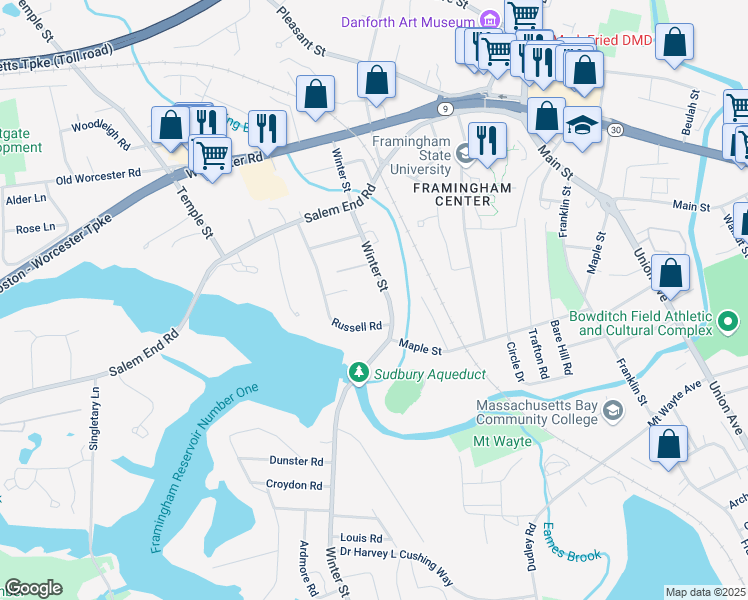 map of restaurants, bars, coffee shops, grocery stores, and more near 163 Winter Street in Framingham