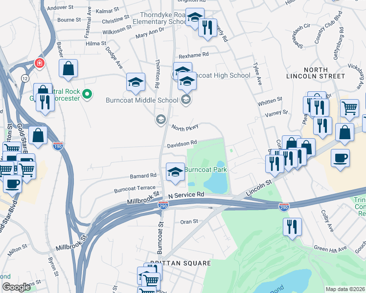 map of restaurants, bars, coffee shops, grocery stores, and more near 18 Davidson Road in Worcester