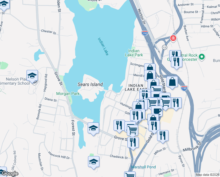 map of restaurants, bars, coffee shops, grocery stores, and more near 9 Poplar Street in Worcester