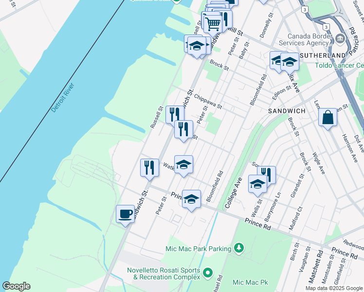 map of restaurants, bars, coffee shops, grocery stores, and more near in Windsor