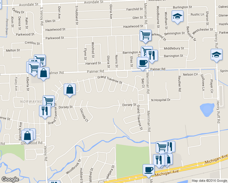 map of restaurants, bars, coffee shops, grocery stores, and more near 32047 Cheboygan Court in Westland