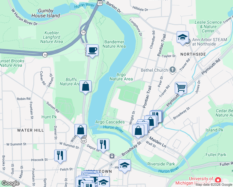 map of restaurants, bars, coffee shops, grocery stores, and more near 353 Kellogg Street in Ann Arbor