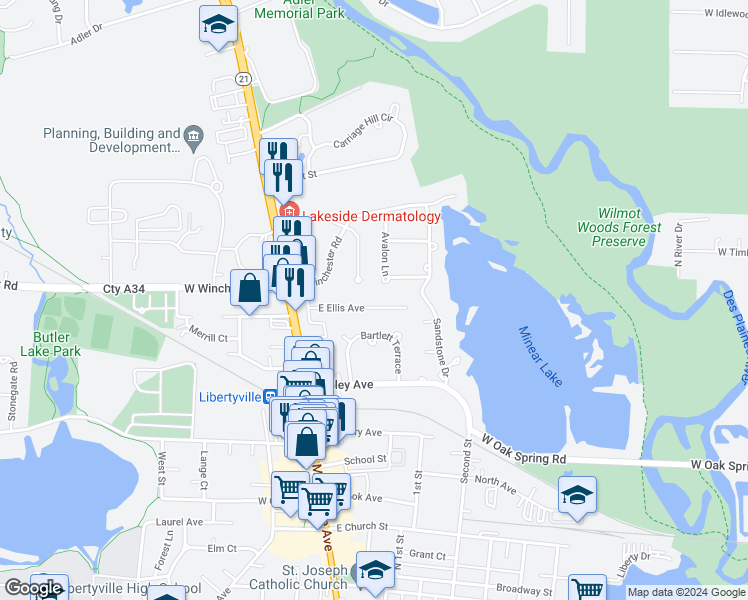 map of restaurants, bars, coffee shops, grocery stores, and more near 228 East Ellis Avenue in Libertyville